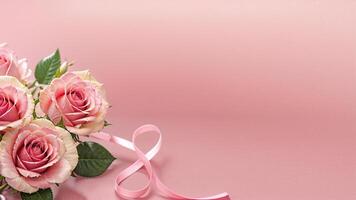 close-up roses and figure eight made from ribbon with space for text on a pink background photo