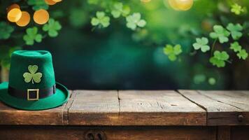 green hat with shamrock on shamrock clover background with space for text photo