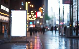 mockup of empty street billboard, banner, poster, blurred bokeh background photo