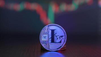 macro tiro do litecoin moedas fundo blockchain financeiro tecnologia, mineração conceito, fintech, def. litecoin. criptomoeda prata litecoin, ltc video