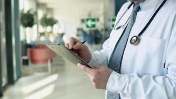 Focused middle aged senior head doctor in white medical coat and glasses writing notes in paper journal, close up video