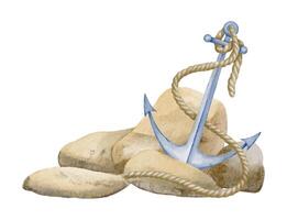 Watercolor Anchor with Rope and Rocks. Illustration of pebbles in pastel beige and blue colors for Nautical style. Marine element on isolated background. Drawing for print design or icon. vector