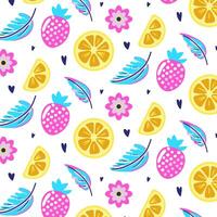 Bright summer seamless pattern. Colorful fruits, feathers, hearts, flowers repeat on white background. Abstract design for print, cover, cad. vector