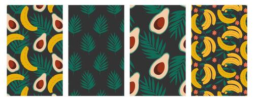 Tropical seamless pattern set. Bright abstract jungle leaves, bananas and avocado on dark background. Summer design for print, decoration, fabric, card, poster. vector