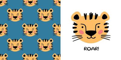 Hand drawn tiger with lettering Roar for designing baby clothes. Illustration in doodle style on blue background. Postcard with tiger and seamless pattern. Cartoon Bohemian nursery print. vector