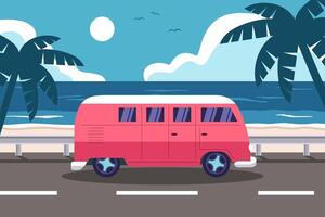 Summer party banner design template with the van pass the beach. illustration in Minimalistic style vector