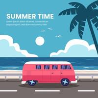 Summer banner design template with the van pass the beach. Illustration in Minimalistic style vector