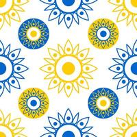 Symmetrical geometric openwork sunflowers in blue and yellow on a white background form a seamless modern pattern. vector