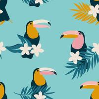 Birds toucans and modern flowers plumeria leaves form a seamless pattern. Exotic design for textiles. vector