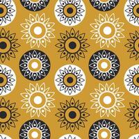 Symmetrical geometric openwork sunflowers in white and black against a mustard background form a seamless modern pattern. vector