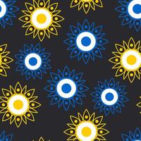 Symmetrical geometric openwork sunflowers in blue and yellow on a black background form a seamless modern pattern. vector