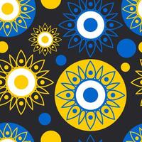 Symmetrical geometric openwork sunflowers in blue and yellow on a black background form a seamless modern pattern. vector