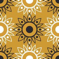 Symmetrical geometric openwork sunflowers in white and black against a mustard background form a seamless modern pattern. vector