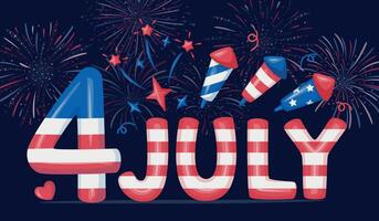 Fourth of July banner. American Independence Day. 4 July letters voluminous inflated from balloon. Greeting card and poster design with US flag with fireworks on dark vector