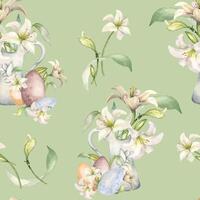 White lilies in ceramic jug watercolor isolated on neutral. White flower botanical in pitcher seamless pattern hand drawn. Lily bunch Christian symbol. Design for Easter, textile, wrapping paper vector
