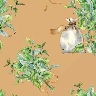 Herb sachet with label and bush of nettles watercolor seamless pattern isolated on beige. Illustration of the herb plant Urticaria dioica. Stinging plant hand drawn. Label, packaging, textile.