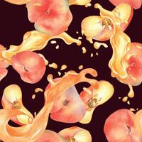 Watercolor seamless pattern of chines flat peaches levitation with splashing juice isolated on dark. Fruits with drops painted. Fig peach hand drawn. Design element for package, label, cosmetic, oil. vector