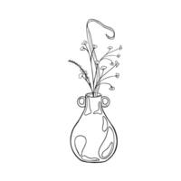 Jug ceramic and flowers black white outline illustration isolated. Vase with simple plants graphic linear hand drawn. Simple vase ink painted. For ceramics workshop, school, modeling clay vector