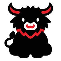 A simple, minimalist anime style illustration of a black bull with red horns and a red collar, sitting on a white background. vector