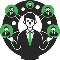 A businessman stands at the center of a network, holding a holographic global partner icon in his hand. vector