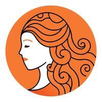 Quilled paper art of a womans profile in circular frame with orange background. Detailed quilling creates unique artistic representation of her face and hair. vector