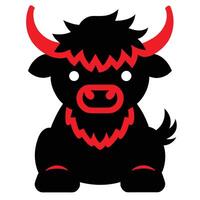 A cute anime-style illustration of a black yak with red horns and facial features sitting on a white background. vector