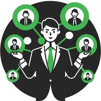 An illustration of a businessman presenting holographic avatars of global partners, showcasing the concept of digital collaboration and global connectivity. vector