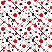 A seamless pattern featuring red and black circles connected by thin lines, arranged in a diagonal grid on a white background. vector