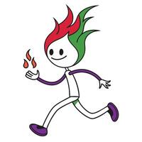 A stick figure with red and green flames for hair runs with a small flame in its hand. vector