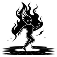 A black and white illustration of a flame being running on a circular platform with a starburst pattern. vector