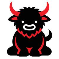 A cute and captivating anime-style illustration of a black yak with red horns, sitting on a white background. vector