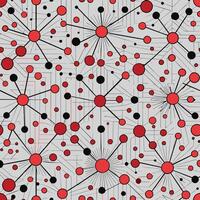 A seamless pattern featuring red and black circles connected by lines, creating a network-like design on a gray background. vector