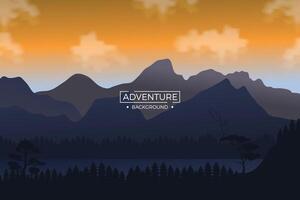 Mountain background with fir trees and orange light reflected at night. Background illustration vector