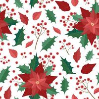 pattern composition of poinsettia leaves and flowers with red berries on a branch vector