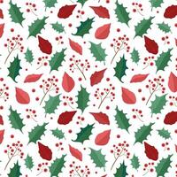 pattern of poinsettia leaves and flowers with red berries on a branch vector