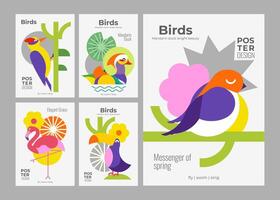 5 posters with birds. Simple, minimalist design with a woodpecker, flamingo, swallow, toucan and mandarin duck. Background images for cover, banner, poster and more vector