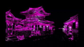 Neon frame effect Hanok Villages, showcasing traditional Korean architecture, glow, black background. video