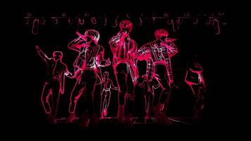 Neon frame effect K-pop concert scene with dynamic poses of K-pop idols on stage, glow, black background. video