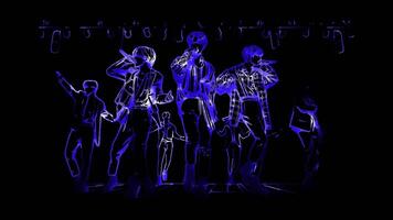 Neon frame effect K-pop concert scene with dynamic poses of K-pop idols on stage, glow, black background. video