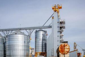 silos granary elevator on agro-industrial complex with seed cleaning and drying line for grain storage photo