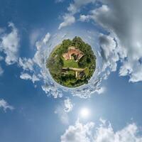 simple tiny planet without buildings in blue sky with beautiful clouds. Transformation of spherical panorama 360 degrees. Spherical abstract aerial view. Curvature of space. photo
