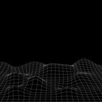 Abstract wavy 3d mesh on a black background. Geometric dynamic wave 3d technology wireframe illustration. vector