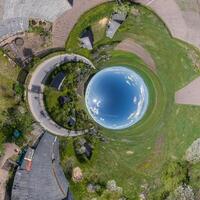 blue hole sphere or globe little planet inside sand or dry grass round frame background photo