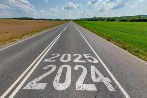 numbers 2024, 2025 on asphalt road highway with sunrise or sunset sky background. concept of destination in future, freedom, work start, run, planning, challenge, target, new year photo