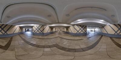 hdri 360 panorama view on pedestrian footpath inside long corridor of underground tunnel in equirectangular spherical seamless projection. VR AR content photo