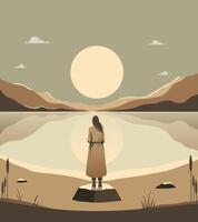 Background A woman standing on a rock looking at the lake in a warm atmosphere. design aesthetics. simple wall decorations and decorations vector