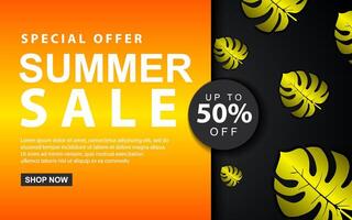 Summer sale banner with tropical leaves on background. Template for seasonal discounts. illustration. vector