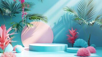 Product podium with abstract geometric shapes and tropical leaves in 3d minimalist style photo
