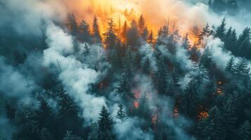 Forest fires due to climate change, aeral view. Environmental issues photo