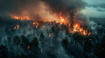 Forest fires, aerial view. Wildfire due to drought landscape. photo